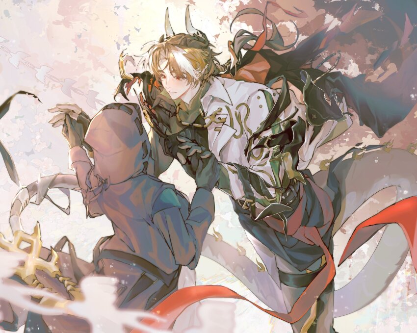 1boy 1girl absurdres arknights bird blonde_hair brown_coat chongyue_(alighting)_(arknights) chongyue_(arknights) coat cowboy_shot doctor_(arknights) dragon_boy dragon_horns dragon_tail female_doctor_(arknights) hetero highres holding_hands hood hood_up horns jacket long_hair looking_at_another low_ponytail outdoors pointy_ears red_eyes tail walhee221 wind