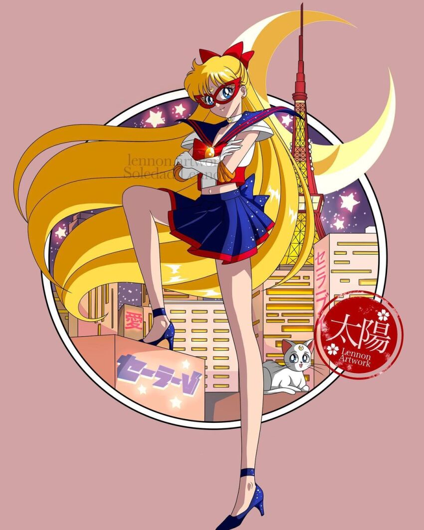 1girl aino_minako artemis_(sailor_moon) bishoujo_senshi_sailor_moon blonde_hair blue_eyes bow building cat crossed_arms female_focus gloves highres long_hair mask red_bow sailor_v short_sleeves skirt sol_lennon very_long_hair white_cat