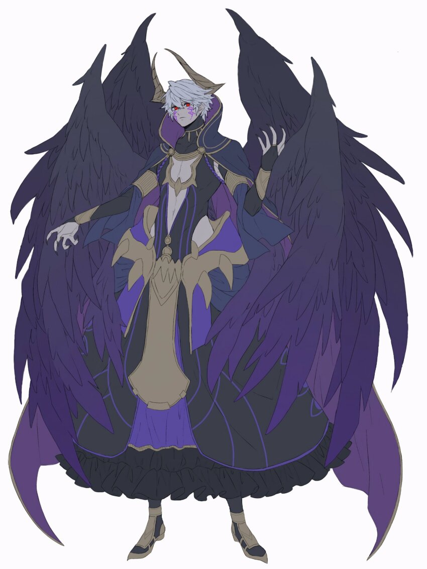 1boy ainame_(engel571) arm_up armlet black_bridal_gauntlets black_cape black_feathers black_wings bridal_gauntlets cape claws cleavage_cutout closed_mouth clothing_cutout commentary compression_shirt demon_boy demon_horns facial_mark feathered_wings feathers fire_emblem fire_emblem_awakening frilled_skirt frills full_body gold_armlet grima_(fire_emblem) highres horns jewelry looking_to_the_side male_focus multicolored_clothes multicolored_wings multiple_wings mystical_high_collar necklace nintendo ornate_clothes pointy_footwear purple_wings red_eyes robin_(fire_emblem) robin_(male)_(fire_emblem) short_hair sideways_glance skirt solo straight-on thigh_cutout white_hair wings