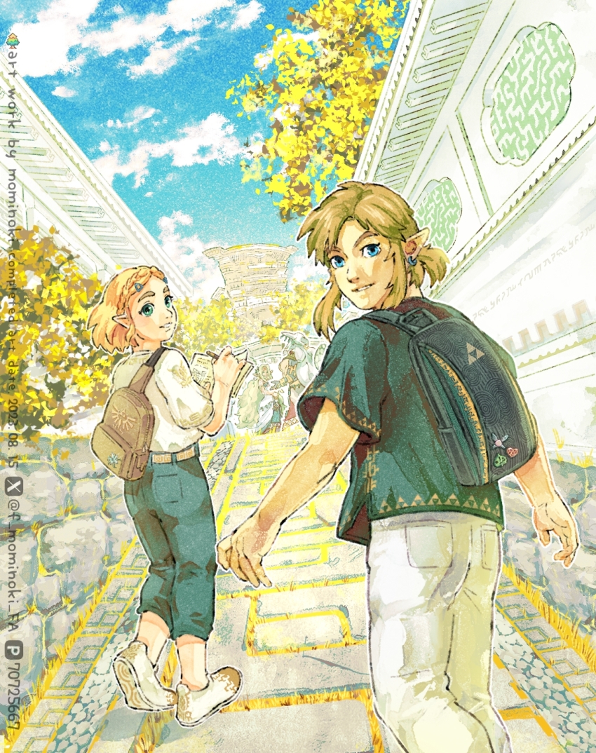 1boy 1girl alternate_costume autumn_leaves backpack bag blonde_hair blue_eyes blue_sky braid brown_hair casual cloud cloudy_sky crown_braid earrings from_behind fuyumaru_mominoki green_eyes green_pants green_shirt highres jewelry leaf link nintendo pants pointy_ears princess_zelda rauru_(tears_of_the_kingdom) shirt short_hair sky smile sonia_(zelda) the_legend_of_zelda the_legend_of_zelda:_tears_of_the_kingdom white_pants white_shirt