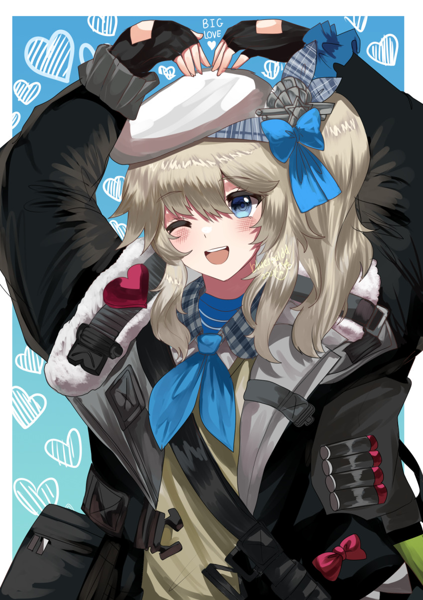 1girl arms_up artist_name beret blue_background blue_eyes blue_sealad blush fingerless_gloves girls&#039;_frontline girls&#039;_frontline_2:_exilium gloves grey_hair hair_ornament hat heart heart_background highres looking_at_viewer military_uniform open_mouth ribbon simple_background vepley_(girls&#039;_frontline_2)