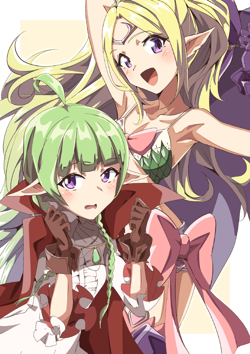 2girls :d absurdres ahoge armpits bare_shoulders blonde_hair brown_gloves cape dress fire_emblem fire_emblem_awakening gloves green_hair highres long_hair looking_at_viewer mother_and_daughter multiple_girls nah_(fire_emblem) nintendo nowi_(fire_emblem) open_mouth pointy_ears purple_eyes red_cape smile to_(tototo_tk) very_long_hair white_dress