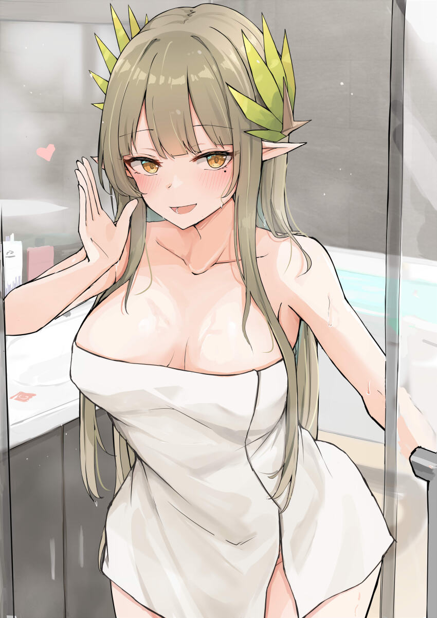 1girl :d absurdres arknights bare_shoulders bathroom bathtub blunt_bangs blush breasts brown_eyes brown_hair cleavage collarbone cowboy_shot elf heart highres indoors large_breasts laurel_crown long_hair looking_at_viewer mango_(mgo) mirror mole mole_under_eye muelsyse_(arknights) naked_towel open_mouth paid_reward_available pointy_ears sink smile solo towel very_long_hair