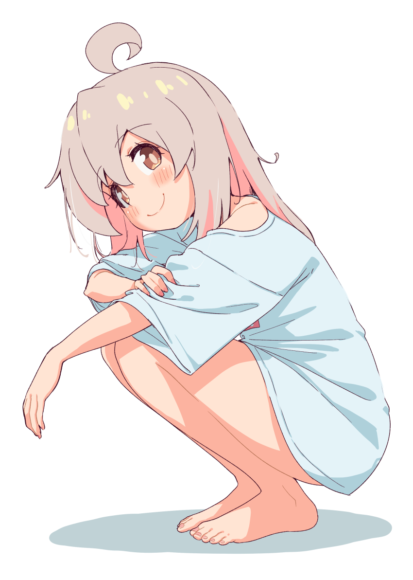 1girl absurdres ahoge bare_legs barefoot blue_shirt blush brown_eyes closed_mouth colored_inner_hair commentary_request feet fingernails from_side full_body grey_hair hair_between_eyes hand_on_own_arm hand_up highres knees_up lips long_hair looking_at_viewer looking_to_the_side loose_clothes loose_shirt multicolored_hair naked_shirt no_pants off_shoulder onii-chan_wa_oshimai! oversized_clothes oversized_shirt oyama_mahiro pink_hair shiina_excel shirt short_sleeves simple_background single_bare_shoulder smile solo split_mouth squatting t-shirt toenails toes two-tone_hair white_background white_shirt