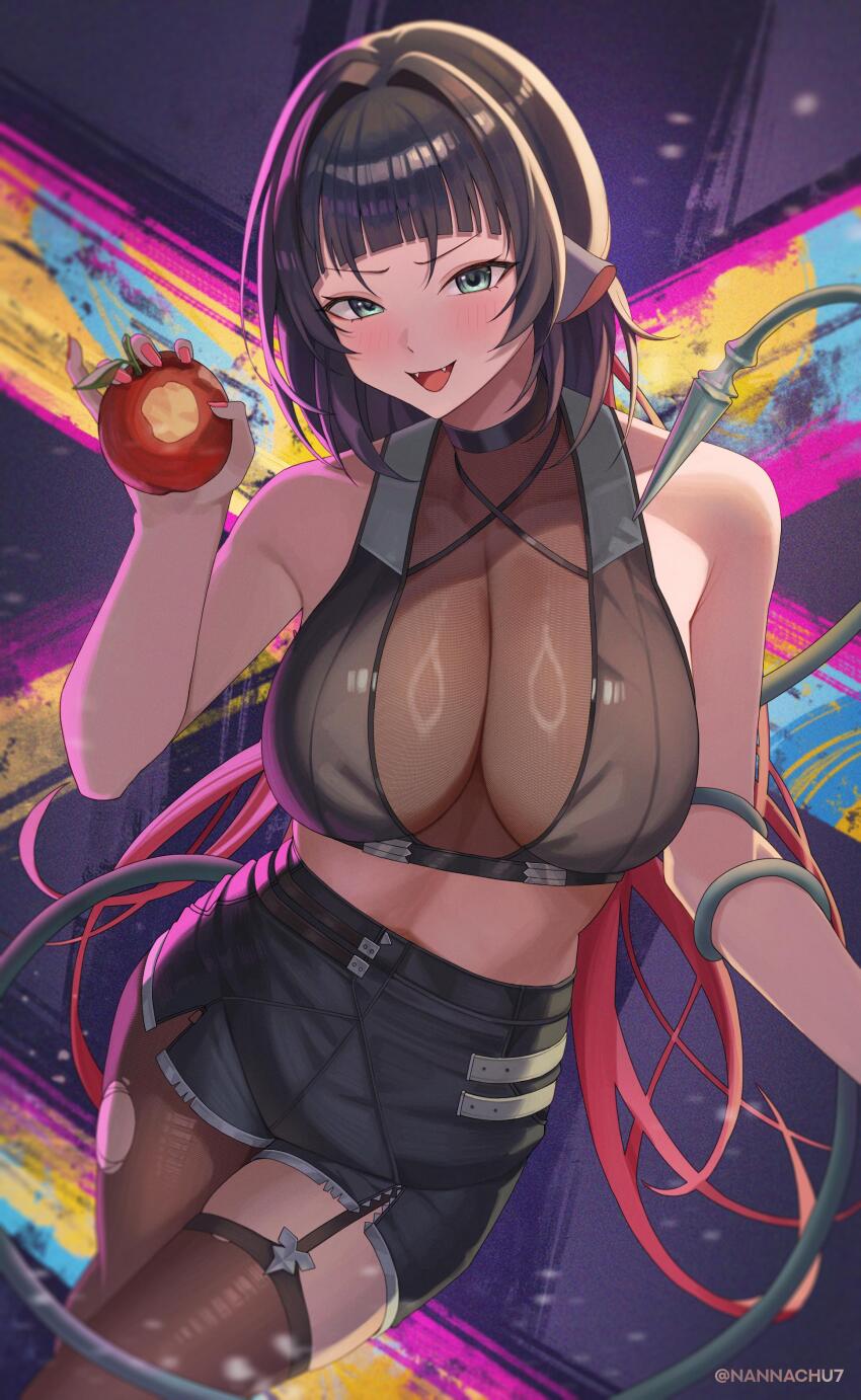 1girl absurdres animal_ears apple black_garter_straps black_hair black_shorts blunt_bangs breasts brown_thighhighs cleavage food fruit garter_straps green_eyes high-waist_shorts highres holding holding_food holding_fruit impossible_shorts jacket jane_doe_(zenless_zone_zero) large_breasts long_hair looking_at_viewer mouse_ears mouse_girl mouse_tail multicolored_hair nannachu7 pantyhose shorts single_garter_strap single_leg_pantyhose single_thighhigh smile solo standing tail tail_around_arm thighhighs torn_clothes torn_pantyhose torn_thighhighs zenless_zone_zero