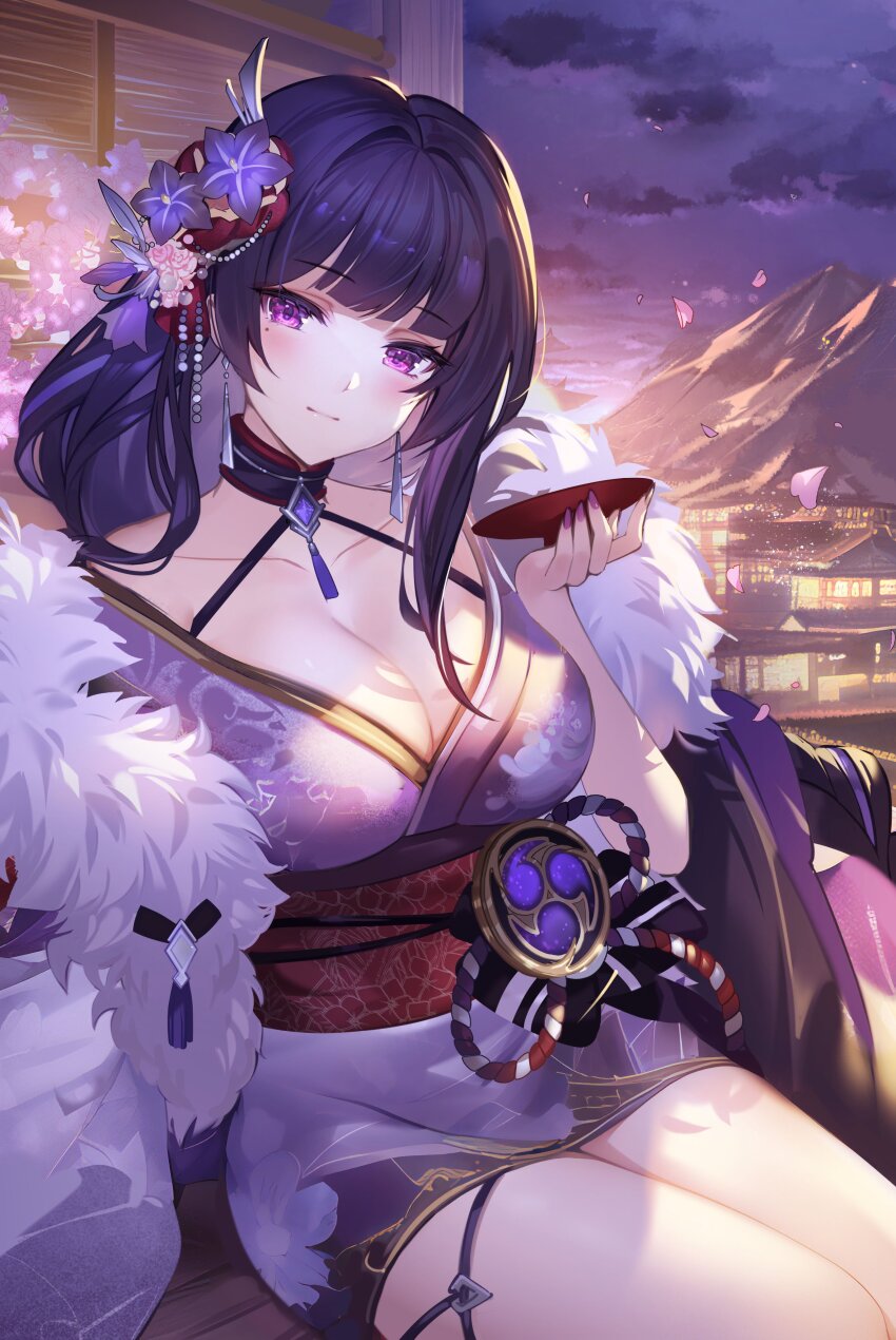 1girl absurdres breasts cleavage closed_mouth collarbone flower genshin_impact hair_flower hair_ornament highres holding japanese_clothes kimono large_breasts long_hair looking_at_viewer noir_eku obi petals purple_eyes purple_flower purple_hair purple_kimono purple_nails raiden_shogun sash sitting solo tassel vision_(genshin_impact)