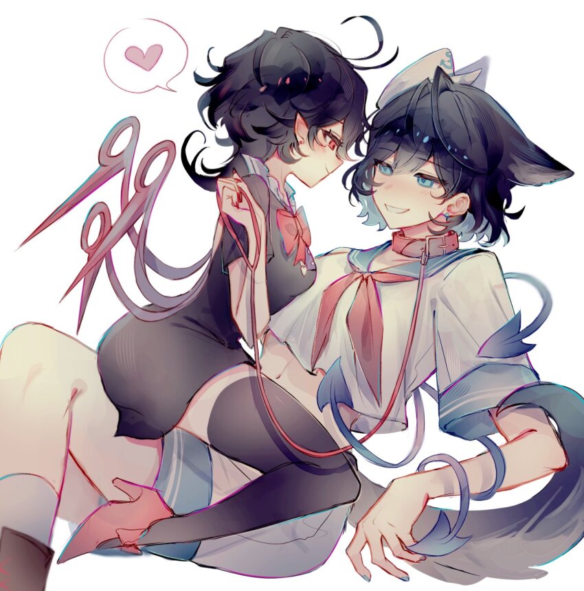 2girls anchor animal_collar animal_ears ascot asymmetrical_wings belt black_dress black_hair blue_wings blush bow bowtie breasts cat_ears cat_tail collar dress girl_on_top green_eyes green_nails hat heart highres holding holding_leash houjuu_nue k0269323474256 kemonomimi_mode leash looking_at_another midriff multiple_girls murasa_minamitsu nail_polish pointy_ears red_ascot red_nails red_wings sailor sailor_collar sailor_hat shirt short_hair short_sleeves shorts simple_background smile spoken_heart tail touhou white_background wings wrist_cuffs yuri