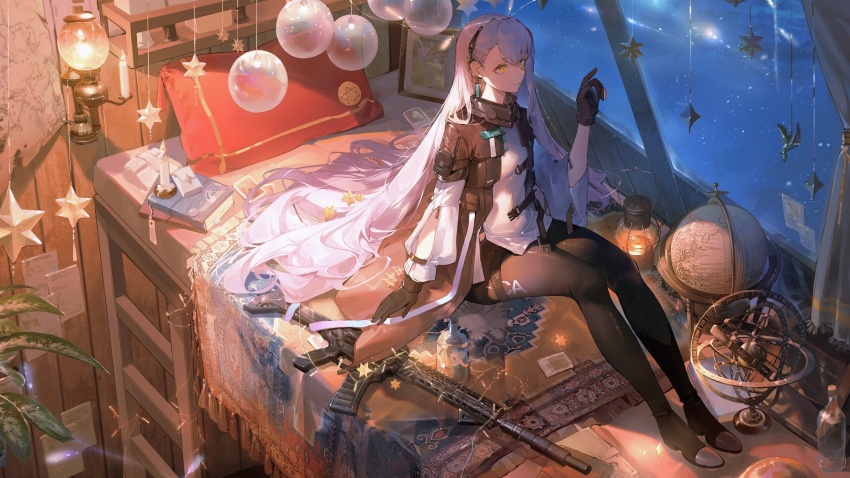 ak-alfa ak-alfa_(girls&#039;_frontline) assault_rifle black_gloves bottle candle dadijiji earrings girls&#039;_frontline globe gloves gun highres jewelry kalashnikov_rifle ladder lantern on_bed paper rifle thighhighs weapon white_hair yellow_eyes