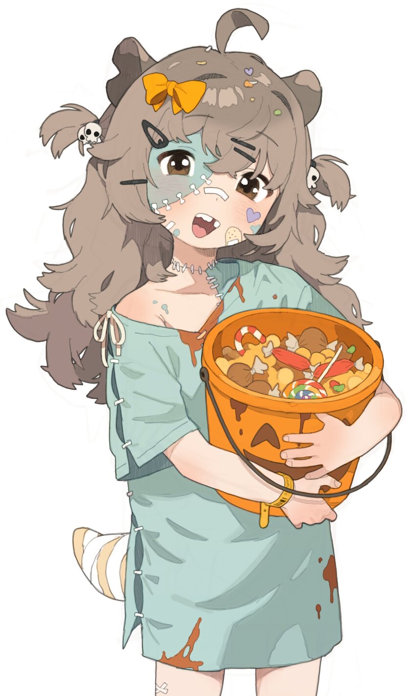 1girl :d absurdres ahoge bandaged_tail bandaid bandaid_on_face blood blood_on_clothes blue_shirt blush bow brown_eyes bucket candy candy_wrapper collarbone commentary cowboy_shot food grey_hair hair_between_eyes hair_bow hair_ornament hairclip halloween_bucket halloween_costume highres holding holding_bucket hospital_gown lollipop long_hair looking_at_viewer macci_(opossumachine) missing_eye off_shoulder open_mouth opossumachine orange_bow original possum_ears possum_girl possum_tail shirt short_sleeves sidelocks simple_background skull_hair_ornament smile solo sticker_on_face stitched_face stitched_neck stitches swirl_lollipop two_side_up white_background wristband yellow_wristband