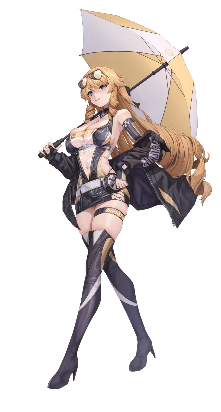 1girl :q absurdres alternate_costume belt_pouch blonde_hair blue_eyes boots breasts cleavage dress drill_hair eyewear_on_head full_body genshin_impact high_heel_boots high_heels highres large_breasts long_hair looking_at_viewer mung_(larnec) navel navia_(genshin_impact) off_shoulder pencil_dress pouch race_queen see-through_clothes see-through_cleavage short_dress sideboob simple_background skindentation smile solo thigh_boots thigh_strap tongue tongue_out umbrella very_long_hair white_background