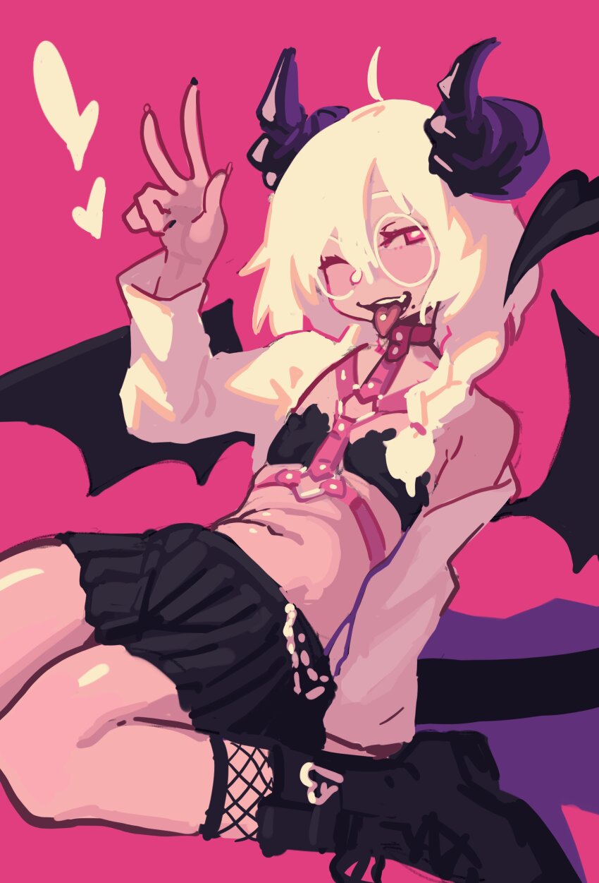 absurdres androgynous bra braid copyright_request demon_horns demon_tail dress_shirt glasses harness highres horns midriff piercing piku184 pleated_skirt shirt single_braid skirt tail tongue tongue_out tongue_piercing underwear v white_hair