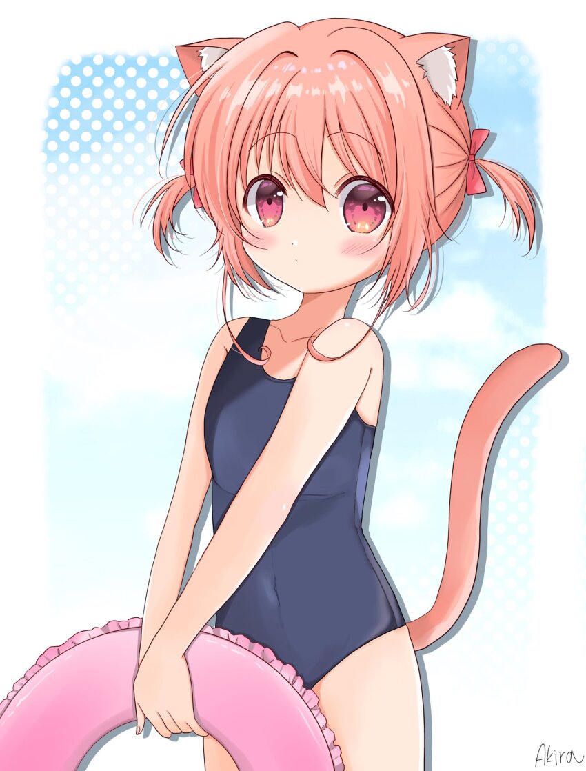 1girl akira_(aki_raoo) animal_ears blue_one-piece_swimsuit blue_sky cat_ears cat_tail cloud commentary_request covered_navel flat_chest highres new_school_swimsuit one-piece_swimsuit original pink_hair pink_innertube red_eyes school_swimsuit short_hair sky solo swimsuit tail twintails