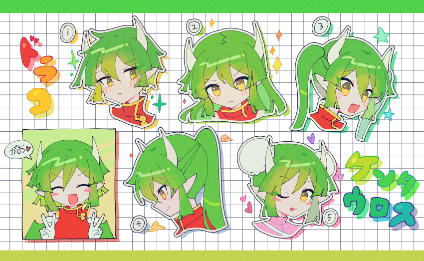 1girl absurdres alternate_hair_length alternate_hairstyle blush bun_cover closed_mouth double_bun double_v draco_centauros dragon_girl dragon_horns fang gloves green_hair hair_bun highres horns long_hair offbeat one_eye_closed open_mouth partially_translated pointy_ears puyopuyo short_hair smile solo speech_bubble tongue tongue_out translation_request v white_gloves yellow_eyes