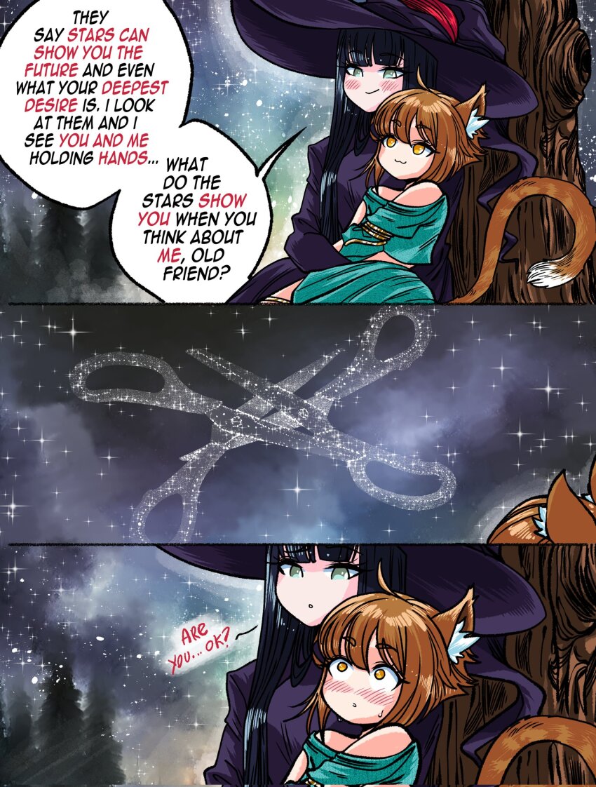 2girls animal_ears black_hair blush brown_hair closed_mouth commentary constellation corrupted_twitter_file english_commentary english_text green_eyes grs- hat highres long_hair multiple_girls night night_sky original outdoors sky star_(sky) starry_sky tail witch_hat yuri