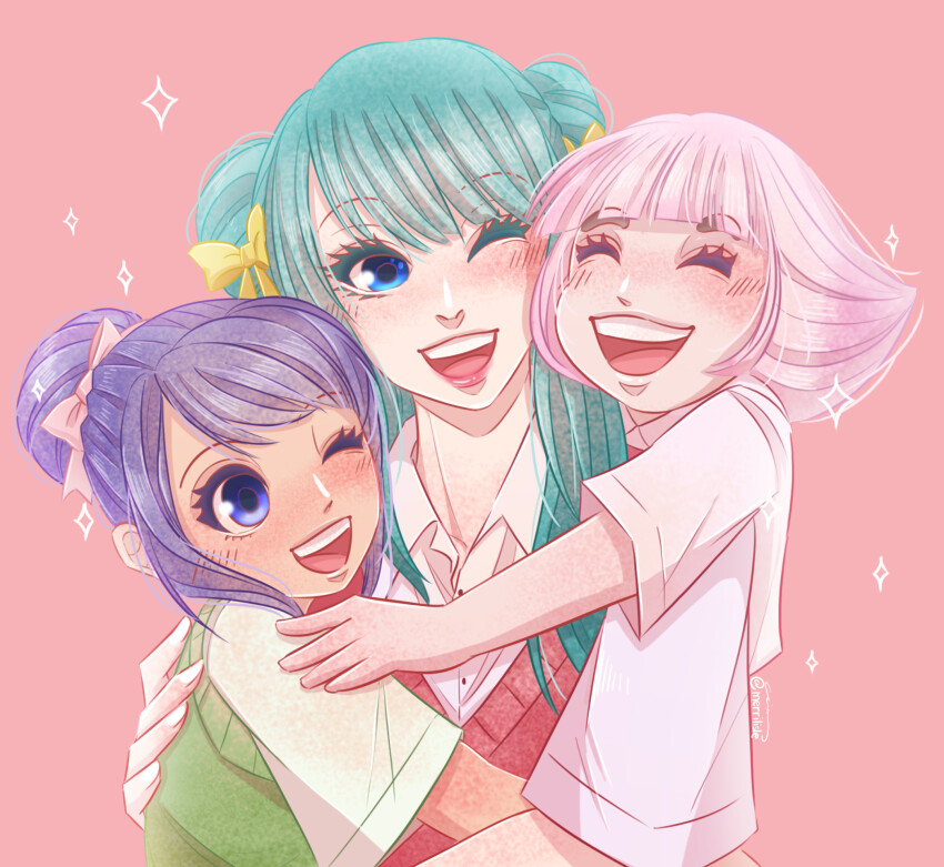 3girls ^_^ blue_eyes blunt_bangs child closed_eyes commentary green_hair green_sweater hair_bun highres kouzuki_hiyori kurozumi_tama merrilisle multiple_girls one_eye_closed one_piece open_mouth pink_background pink_hair pink_sweater purple_eyes purple_hair short_hair short_sleeves simple_background sleeveless sleeveless_sweater smile sparkle sweater swept_bangs toko_(one_piece) twintails upper_body