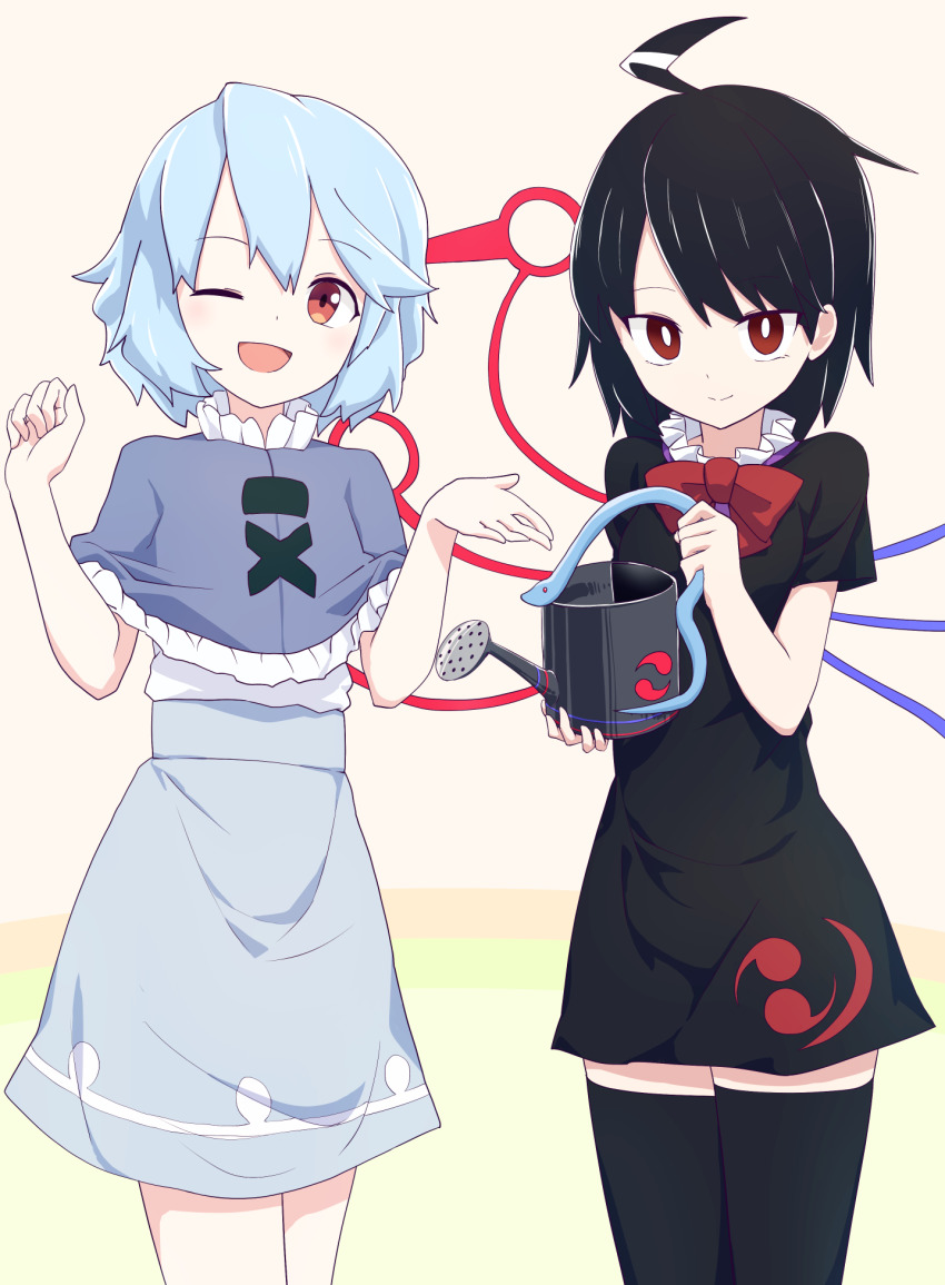 2girls ;d asymmetrical_wings black_dress black_hair black_legwear blue_capelet blue_hair blue_skirt blue_wings bow bowtie bright_pupils capelet closed_mouth commentary_request cookie_(touhou) cowboy_shot dress frilled_dress frills highres holding holding_watering_can houjuu_nue konfu_nodashino_bubun looking_at_viewer meimei_(cookie) mioto_(cookie) multiple_girls one_eye_closed open_mouth red_bow red_bowtie red_eyes red_wings shirt short_dress short_hair short_sleeves skirt smile snake tatara_kogasa thighhighs touhou watering_can white_pupils white_shirt wings