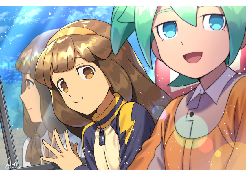 1boy 1girl blue_eyes brown_eyes brown_hair dolustoy fei_rune green_hair hairband hand_on_window highres inazuma_eleven_(series) inazuma_eleven_go inazuma_eleven_go_chrono_stone jacket long_hair nanobana_kinako orange_hairband orange_shirt raimon_track_suit reflection shirt track_jacket window zipper zipper_pull_tab