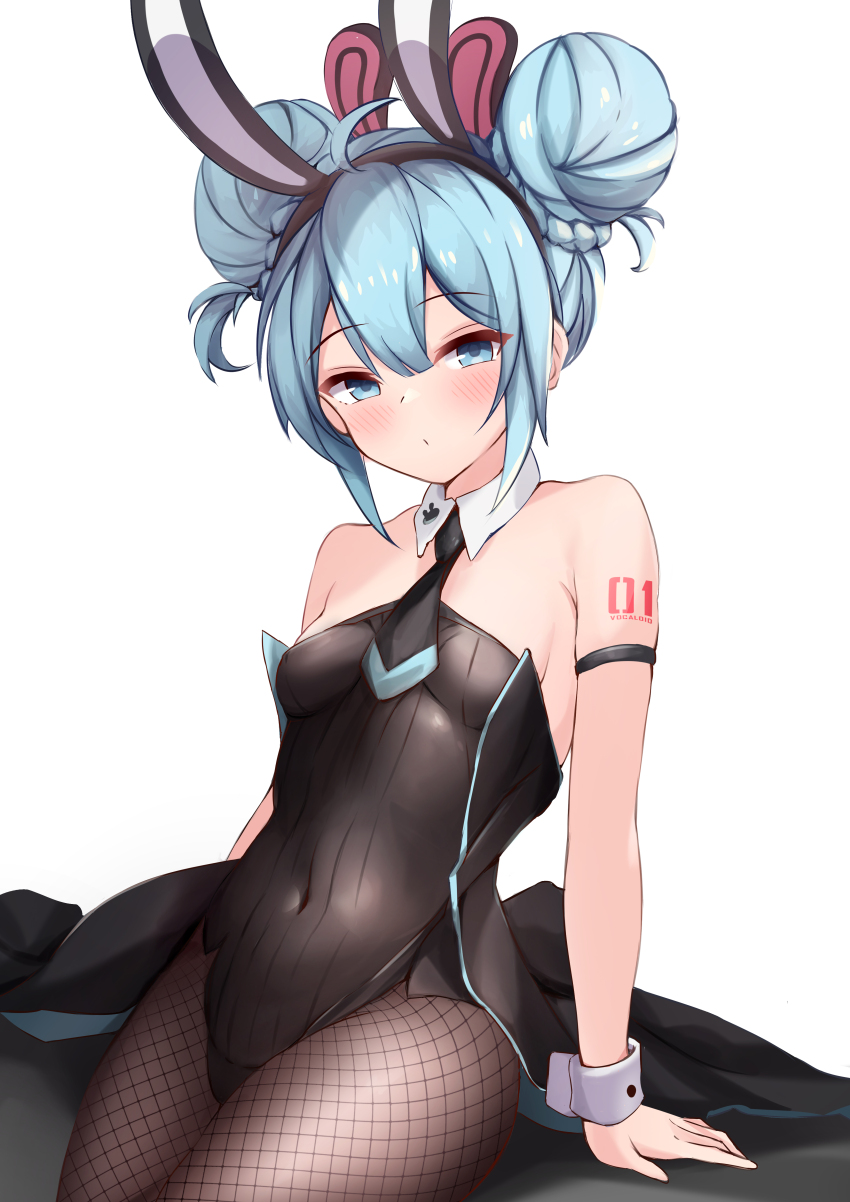 1girl absurdres animal_ears aqua_eyes aqua_hair bare_shoulders bicute_bunnies_miku black_pantyhose blush bow breasts double_bun fake_animal_ears fishnet_pantyhose fishnets hair_bun hatsune_miku highres leotard looking_at_viewer necktie pantyhose playboy_bunny rabbit_ears rabbit_girl sideboob sitting small_breasts solo strapless strapless_leotard thighs vocaloid white_background wrist_cuffs xiaodai_lonely