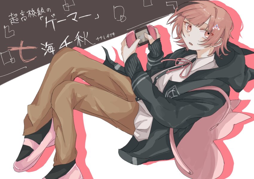 1boy :o backpack bag black_jacket black_shirt brown_hair brown_pants danganronpa_(series) danganronpa_2:_goodbye_despair dress_shirt from_side genderswap genderswap_(ftm) handheld_game_console highres holding holding_handheld_game_console hood hood_down hooded_jacket jacket male_focus miso_nikomi nanami_chiaki neck_ribbon open_clothes open_jacket pants pink_bag pink_eyes pink_ribbon ribbon shirt shoes short_hair solo spaceship_hair_ornament teeth two-tone_shirt upper_teeth_only white_shirt