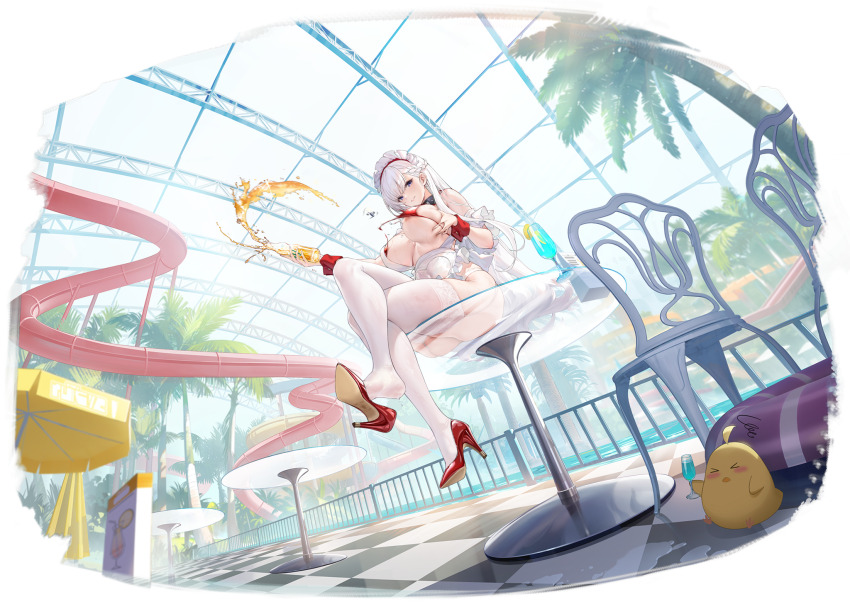 1girl animal apron artist_request azur_lane bare_shoulders belfast_(azur_lane) belfast_(blissful_service)_(azur_lane) bikini bird blue_eyes breasts chair checkered_floor crossed_legs full_body garter_straps hair_ornament high_heels highres indoors large_breasts long_hair maid maid_headdress manjuu_(azur_lane) official_art palm_tree parted_lips see-through sitting soda_bottle swimsuit table thighhighs thighs tree tropical_drink wrist_cuffs