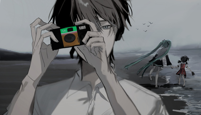 1boy 2girls barefoot beach bird black_hair brown_eyes brown_hair camera child collared_shirt detached_sleeves disposable_camera dress green_hair grey_sky gureru_(r_grey1204) hair_between_eyes hatsune_miku headphones highres hiyama_kiyoteru holding holding_camera holding_hands holding_shoes kaai_yuki long_hair looking_at_viewer low_twintails multiple_girls muted_color overcast red_dress shirt shoes shore short_hair short_sleeves short_twintails sketch skirt sky taking_picture twintails very_long_hair vocaloid white_shirt