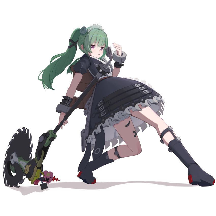 1girl absurdres bandaid_on_thigh circular_saw corin_wickes cuffs full_body green_hair hair_between_eyes highres holding holding_weapon long_hair maid maid_headdress purple_eyes saw shackles solo stuffed_animal stuffed_toy teddy_bear twintails weapon white_background yuoo25 zenless_zone_zero