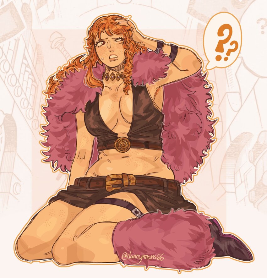 1girl alternate_costume arm_strap belt belt_buckle boots braid braided_sidelock breasts brown_eyes buckle capelet cleavage crop_top dannymans66 female_focus fur_capelet fur_leg_warmers hand_on_own_head highres jewelry leg_strap leg_warmers long_hair midriff nami_(one_piece) nami_(one_piece)_(elbaf) navel necklace official_alternate_costume one_piece orange_hair sidelocks sitting skirt solo thigh_belt thigh_strap twitter_username