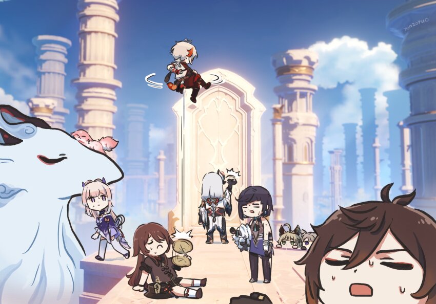 2boys 6+girls :c ^^^ afterimage ahoge animal_ears black_hair bow braid brown_hair cat_ears chibi chibi_only chinese_clothes closed_eyes closed_mouth day diagonal_bangs dress fanning fanning_face fanning_self floating fox game_screenshot_background ganyu_(genshin_impact) ganyu_(qilin)_(genshin_impact) gate genshin_impact green_eyes grey_hair hair_between_eyes hair_bow hand_fan hat highres hot hu_tao_(genshin_impact) jacket japanese_clothes kaedehara_kazuha kirara_(genshin_impact) knocking light_brown_hair long_hair looking_at_another looking_at_object low-braided_long_hair low-tied_long_hair lynette_(genshin_impact) multicolored_hair multiple_boys multiple_girls open_mouth outdoors peeking_out pink_hair purple_eyes red_hair sangonomiya_kokomi screenshot_background shenhe_(genshin_impact) short_hair sitting standing sweat two-tone_hair unworn_hat unworn_headwear walking xinzoruo yae_miko yae_miko_(fox) yelan_(genshin_impact) zhongli_(genshin_impact)