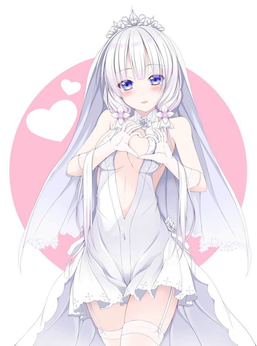 1girl :d azur_lane bare_shoulders blush breasts bridal_veil center_opening cleavage covered_navel cowboy_shot dress elbow_gloves female_focus garter_straps gloves heart heart-shaped_boob_challenge highres illustrious_(azur_lane) illustrious_(morning_star_of_love_and_hope)_(azur_lane) looking_at_viewer medium_breasts mole mole_under_eye open_mouth short_hair_with_long_locks sidelocks silver_hair sleeveless sleeveless_dress smile solo standing thighhighs tiara tomosuke two-tone_background veil wedding_dress white_dress white_gloves white_thighhighs zettai_ryouiki