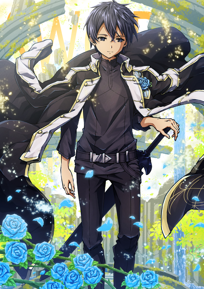 1boy absurdres belt black_belt black_coat black_eyes black_pants black_shirt blue_flower blue_rose coat coat_on_shoulders flower hand_on_hilt highres kirito night_sky_sword oboro_neko pants rose sheath sheathed shirt solo standing sword sword_art_online sword_art_online:_alicization weapon