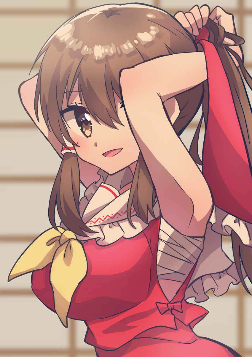 1girl absurdres adjusting_hair alternate_breast_size arms_up bare_arms blurry blurry_background breasts brown_eyes brown_hair collared_shirt cowboy_shot depth_of_field frilled_shirt_collar frills hair_between_eyes hair_tubes hakurei_reimu highres long_hair medium_breasts natsu_(tohotiara) neckerchief open_mouth ponytail red_shirt red_skirt sarashi shirt skirt sleeveless sleeveless_shirt solo touhou yellow_neckerchief