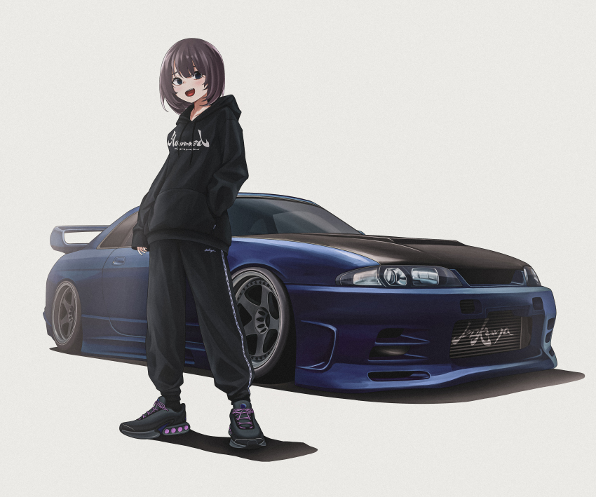 1girl :d absurdres black_footwear black_hoodie blue_car bob_cut bokuya brown_hair car commentary_request commission hand_in_pocket highres hood hoodie long_sleeves motor_vehicle nissan_skyline open_mouth original pants shadow shoes short_hair simple_background skeb_commission smile sneakers solo spoiler_(automobile) sports_car standing tongue track_pants white_background