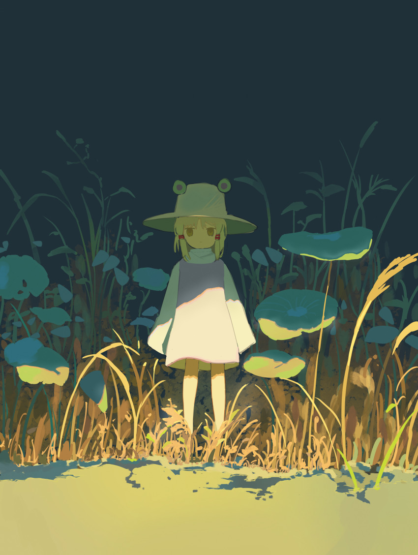 1girl absurdres barefoot blonde_hair brown_hat expressionless frog_hair_ornament full_body grass hair_ornament hair_ribbon hat highres li_meng_shan long_sleeves looking_at_viewer moriya_suwako outdoors ribbon short_hair solo standing tall_grass touhou wide_sleeves yellow_eyes