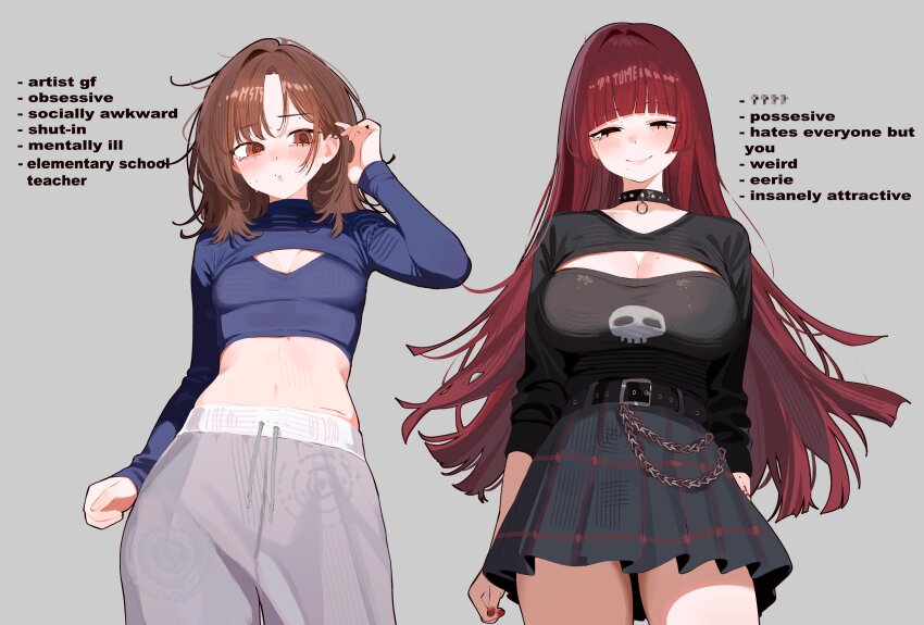 2girls @_@ absurdres belt black_belt black_choker black_eyes black_shirt black_skirt blue_shirt blunt_bangs blush breasts brown_eyes brown_hair choker closed_mouth cowboy_shot english_text grey_background grey_pants half-closed_eyes highres large_breasts long_hair medium_breasts medium_hair midriff mole mole_under_mouth ms._tsu multiple_girls original pants red_hair shirt shrug_(clothing) skirt smile spiked_choker spikes sweatdrop yume_(ms._tsu)