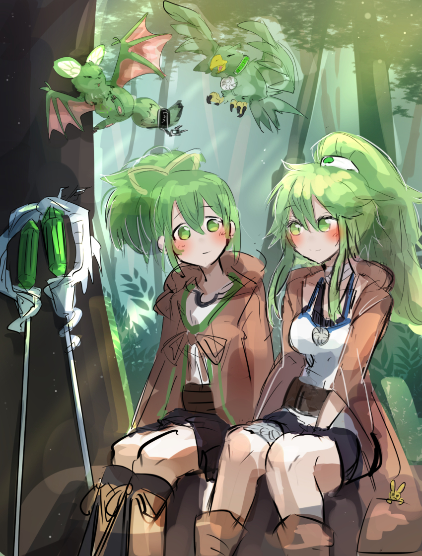 2girls bird brown_coat coat commission duel_monster forest hatano_kiyoshi highres looking_at_another multiple_girls nature on_rock ponytail siblings sisters sitting skeb_commission smile spiritual_beast_tamer_winda staff tree winda_(yu-gi-oh!) wynn_(yu-gi-oh!) wynn_the_wind_charmer_verdant yu-gi-oh!