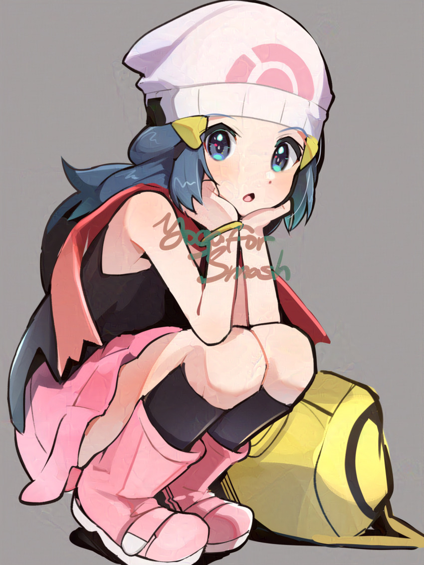 black_shirt black_socks blue_hair creatures_(company) dawn_(pokemon) elbows_on_knees game_freak grey_background hands_on_own_chin hat highres hirotaka_(hrtk990203) nintendo open_mouth pink_footwear pink_skirt pokemon pokemon_dppt red_scarf scarf shirt skirt socks squatting white_hat yellow_bag