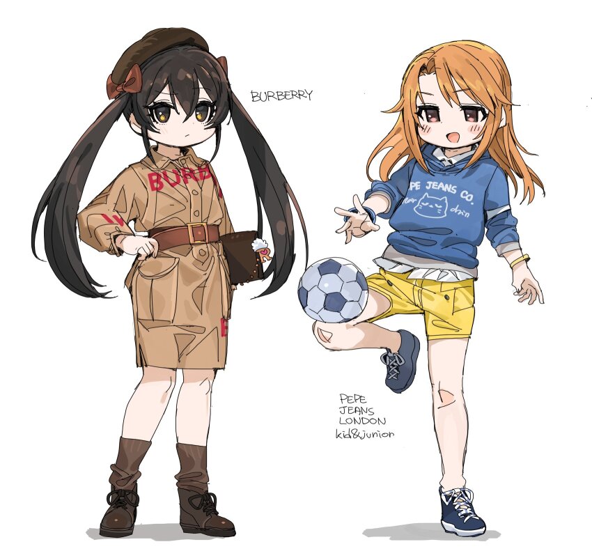 2girls bag ball belt beret black_hair blue_sweater blush bow bracelet brown_belt brown_bow brown_dress brown_eyes brown_footwear brown_hat brown_socks burberry_(brand) buttons closed_mouth clothes_writing commentary_request dress english_text fashion hand_on_belt handbag hat highres holding holding_bag idolmaster idolmaster_cinderella_girls jewelry knee_up long_hair looking_at_object looking_at_viewer matoba_risa monogram multiple_girls open_mouth orange_hair outstretched_hand pepe_jeans_(brand) playing_sports product_placement shirt shoes shorts sidelocks simple_background sneakers soccer_ball socks spawnfoxy sweater twintails untucked_shirt white_background white_shirt yellow_bracelet yellow_eyes yellow_shorts yuuki_haru