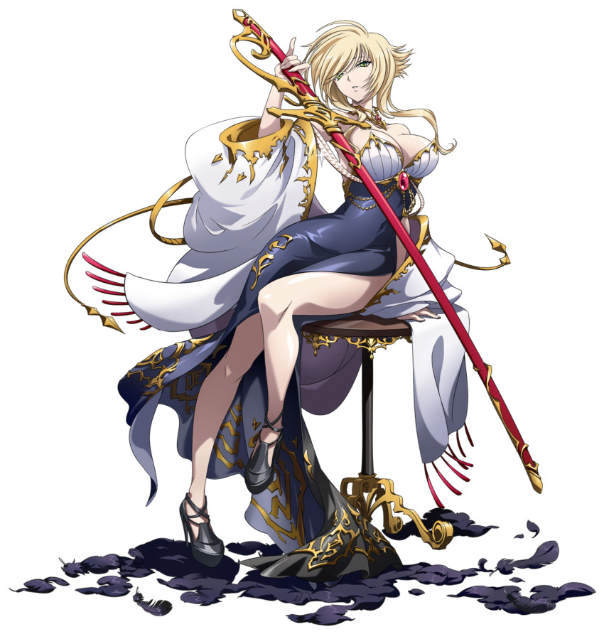 1girl bare_legs black_dress black_footwear blonde_hair breasts cleavage covered_navel dress floating_hair full_body green_eyes high_heels highres holding holding_sword holding_weapon langrisser langrisser_mobile large_breasts long_dress long_hair official_art parted_lips sheath sheathed shilinka_(langrisser) side_slit sitting solo swept_bangs sword transparent_background weapon