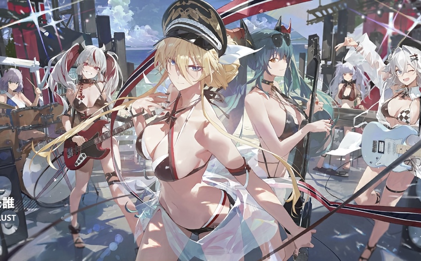 6+girls azur_lane beach bikini bismarck_(azur_lane) bismarck_zwei_(azur_lane) black_bikini black_nails black_shorts blonde_hair blue_eyes blunt_bangs breasts character_request choker closed_mouth cloud cloudy_sky cross cross_necklace detached_collar drum drumsticks electric_guitar facing_to_the_side facing_viewer fingernails green_hair guitar hair_between_eyes hair_bun hat holding holding_drumsticks holding_instrument holding_microphone horns houston_(azur_lane) houston_ii_(azur_lane) instrument jade_(azur_lane) jewelry keyboard_(instrument) large_breasts long_hair looking_at_viewer medium_hair microphone military_hat modare multicolored_hair multiple_girls necklace official_art one_eye_closed otto_von_alvensleben_(azur_lane) outdoors purple_hair red_eyes red_hair red_nails regensburg_(azur_lane) short_shorts shorts sitting sky small_breasts smile speaker standing standing_on_one_leg sunglasses swimsuit thigh_strap third-party_source toeless_footwear twintails u-556_(meta)_(azur_lane) v white_hair yamaha_pacifica yellow_eyes