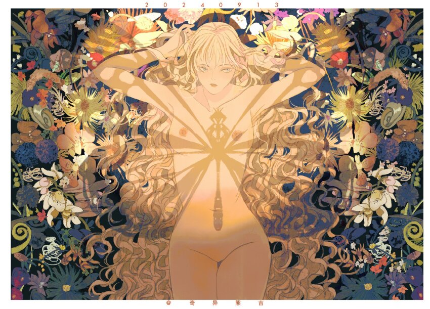 1girl arms_up blonde_hair breasts bug butterfly completely_nude cowboy_shot curly_hair dated flower grey_eyes highres insect long_hair looking_at_viewer luoman19921 medium_breasts nipples nude original parted_lips red_flower shadow solo very_long_hair yellow_flower