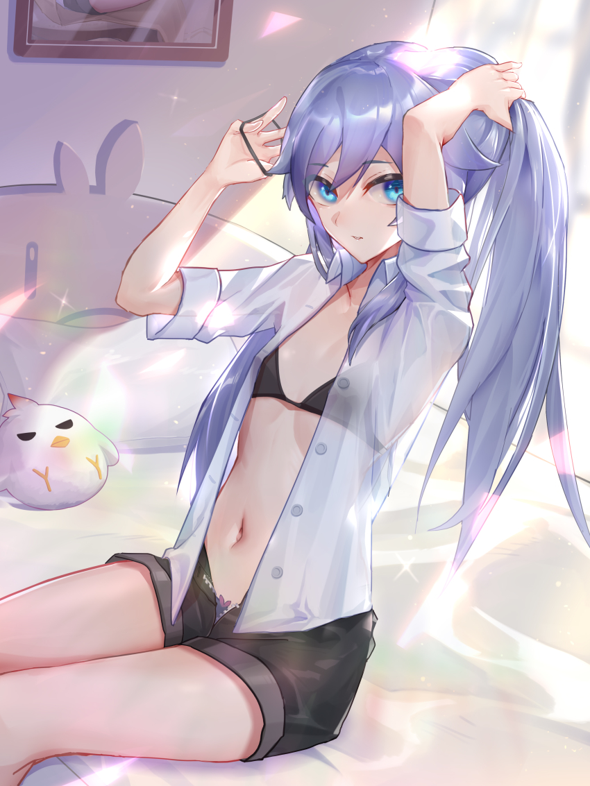 1girl absurdres arms_up bed bed_sheet black_bra black_panties black_shorts blue_eyes blue_hair bra breasts collared_shirt dress_shirt from_side fu_hua hair_tie hairdressing highres honkai_(series) honkai_impact_3rd long_hair looking_at_viewer looking_to_the_side navel on_bed open_clothes open_fly open_shirt open_shorts panties panty_peek parted_lips pillow see-through_clothes shirt short_shorts shorts sitting small_breasts solo sparkle stomach stuffed_chicken thighs tying_hair unbuttoned unbuttoned_shirt underwear very_long_hair wucanming