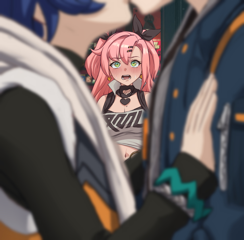 1boy 2girls belle_(zenless_zone_zero) black_ribbon blue_hair blue_jacket blurry blurry_foreground blush breasts brother_and_sister cleavage crop_top green_eyes grey_hair hair_ornament hair_ribbon hairclip hetero highres incest jacket kiss large_breasts long_hair luizhtx midriff mole multiple_girls navel netorare nicole_demara open_mouth pink_hair reverse_netorare ribbon short_hair siblings strapless tube_top two_side_up upper_body wise_(zenless_zone_zero) zenless_zone_zero