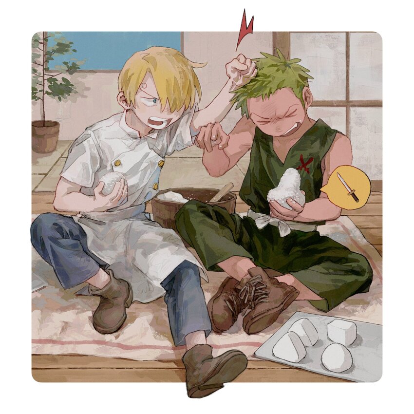 &gt;_&lt; 2boys architecture belt blonde_hair blue_pants border brown_footwear closed_eyes crossed_legs east_asian_architecture food full_body green_eyes green_pants hair_over_one_eye highres hitting holding holding_food indoors kgnr male_focus multiple_boys one_piece onigiri open_mouth pants plant potted_plant rice roronoa_zoro round_border sanji_(one_piece) shoes short_hair sitting teeth white_belt white_border