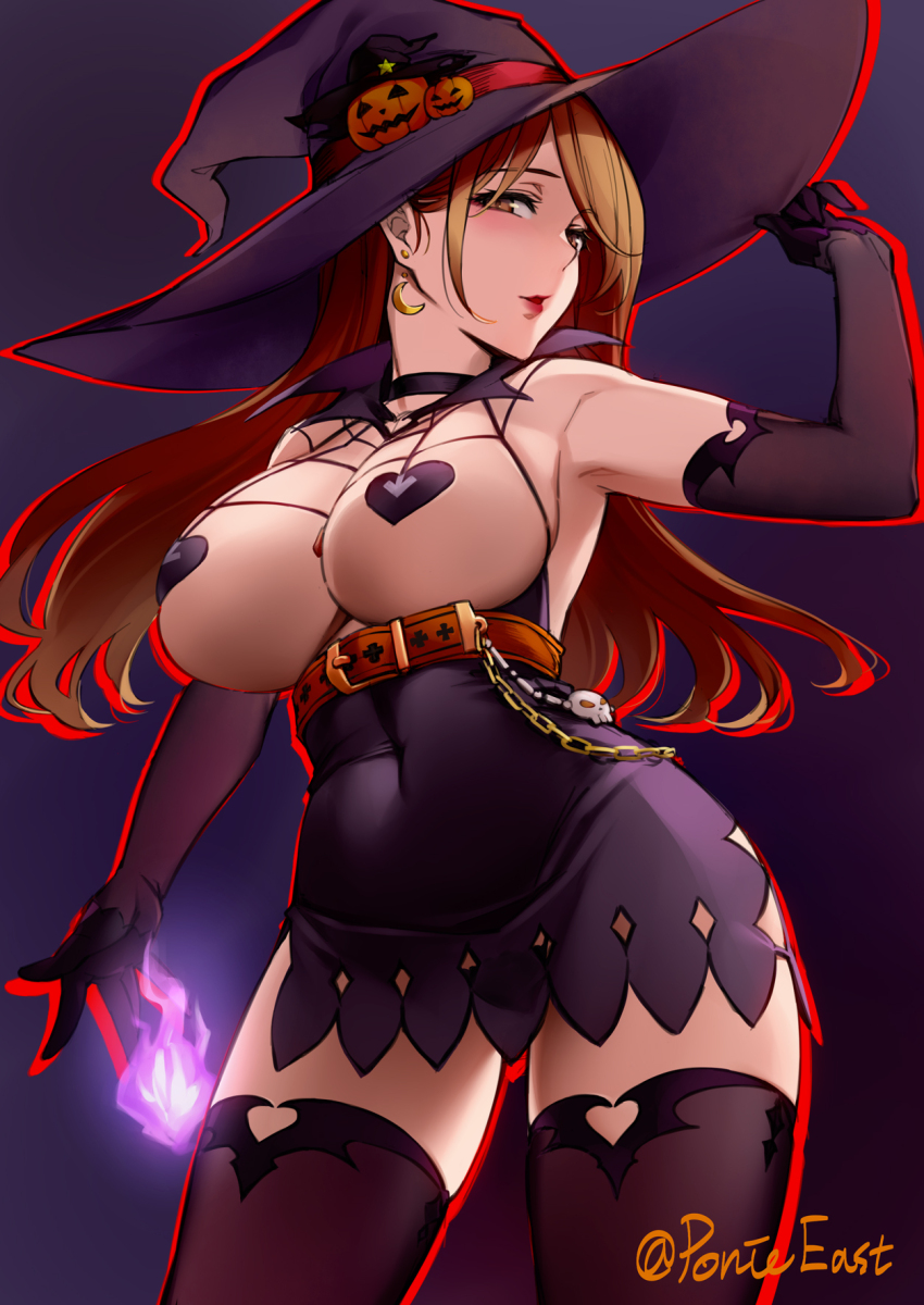 1girl bare_shoulders belt black_skirt blonde_hair breasts choker crescent crescent_earrings earrings elbow_gloves gloves halloween hat heart_pasties highres jewelry large_breasts long_hair looking_at_viewer original outline pasties ponieeast pumpkin red_outline simple_background skirt solo thighhighs witch witch_hat yellow_eyes