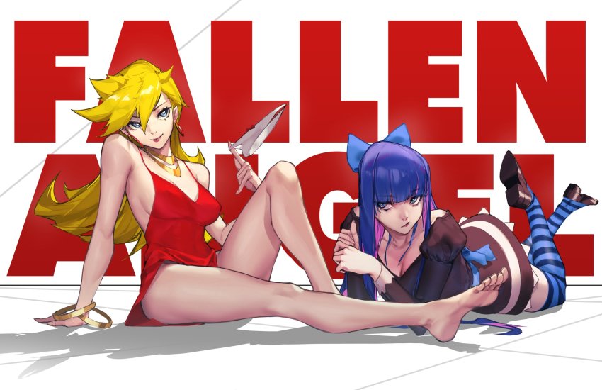 2girls bare_legs barefoot black_dress blonde_hair blue_bow blue_eyes blue_hair blue_thighhighs blunt_bangs bow bracelet breasts colored_inner_hair dress earrings english_text full_body hair_between_eyes hair_bow highres hoop_earrings jewelry kuno_(runkunochan) large_breasts long_hair long_sleeves looking_at_another lying multicolored_hair multiple_girls on_stomach panties panty_&amp;_stocking_with_garterbelt panty_(psg) parted_lips pink_hair shoes siblings sisters sitting smile stocking_(psg) striped_clothes striped_legwear striped_thighhighs thighhighs underwear unworn_panties white_panties