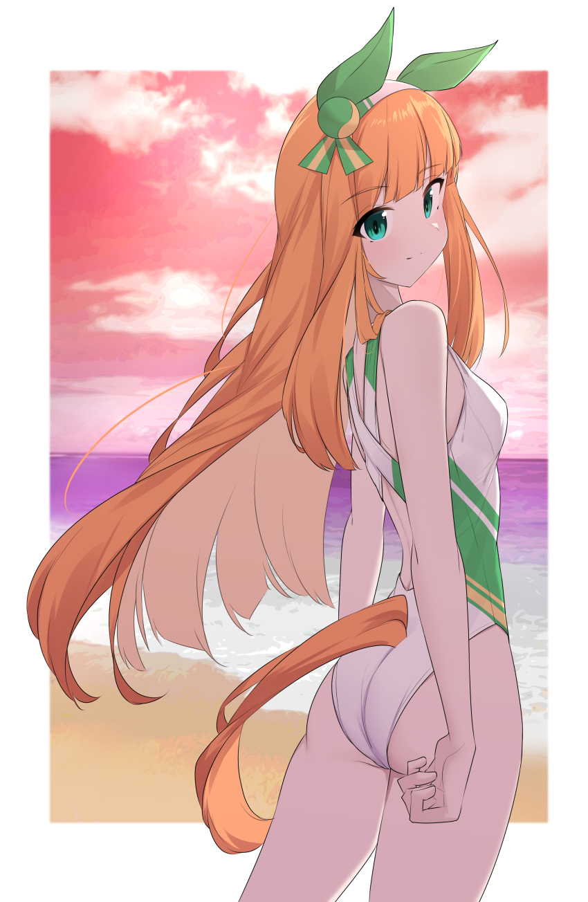 1girl absurdres animal_ears ass beach blue_eyes blunt_bangs breasts cloud competition_swimsuit cowboy_shot ear_covers hairband highleg highleg_one-piece_swimsuit highres hime_cut horizon horse_ears horse_girl horse_tail long_hair looking_at_viewer looking_back ocean one-piece_swimsuit orange_hair racerback red_sky silence_suzuka_(umamusume) sky small_breasts smile solo sunset swimsuit tail two-tone_swimsuit umamusume white_hairband white_one-piece_swimsuit yorozuya_(yoroz_ryobi)