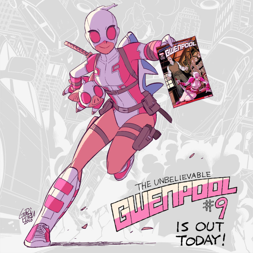 1girl breasts cover cover_page english_text female_focus full_body gurihiru gwenpool katana leotard marvel mask md5_mismatch pig pouch shin_guards shoes small_breasts smile sneakers solo stuffed_animal stuffed_shark stuffed_toy sword weapon