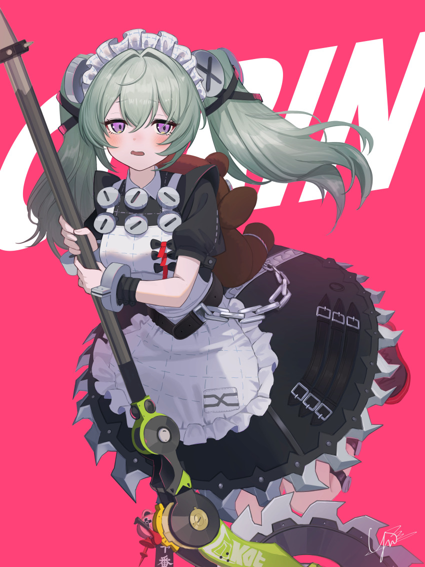 1girl absurdres animal_bag apron bear_bag black_dress black_footwear blush chain chainsaw character_name circular_saw collared_dress commentary corin_wickes cuffs dress full_body green_hair highres holding holding_chainsaw long_hair looking_at_viewer maid maid_apron maid_headdress open_mouth pink_background pink_eyes puffy_short_sleeves puffy_sleeves saw screw_hair_ornament shackles short_sleeves signature solo twintails white_apron yunnasu zenless_zone_zero