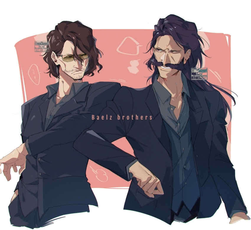 ...! 2boys black_hair black_jacket bleach bleach:_sennen_kessen-hen brown_hair cropped_torso dress_shirt facial_hair grey_shirt highres jacket long_hair looking_at_another male_focus multiple_boys mustache mustache_stubble ovasayuri rectangular_eyewear red_eyes shirt short_hair shoulder-to-shoulder speech_bubble stubble sunglasses thick_mustache tinted_eyewear twitter_username yellow-tinted_eyewear yhwach zangetsu_(bleach)