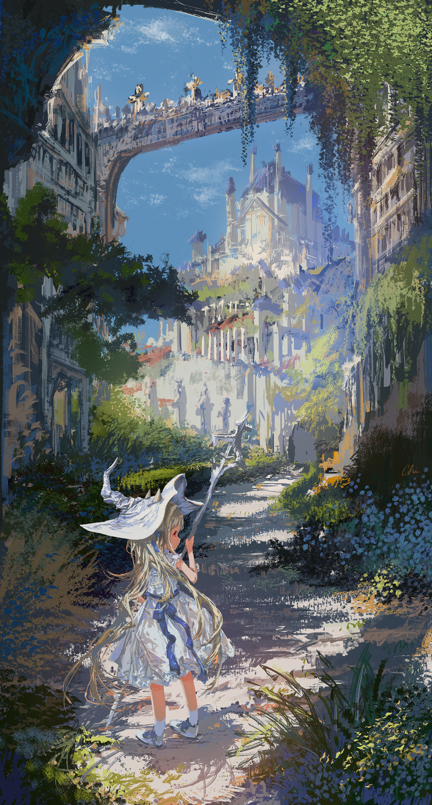 animal_ears blonde_hair blue_ribbon building cat_ears cat_girl child commentary dress hair_ribbon hat highres holding holding_staff koyamanatsu original outdoors overgrown plant red_eyes ribbon ruins scenery shoes socks staff vegetation waist_ribbon white_dress white_hat white_socks witch_hat